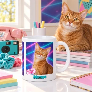 90s Laser Background Cat Photo Mug styled in a lifestyle scene – a bright 90s-retro desk with a pastel corded phone, scrunchies and a disposable camera, morning light