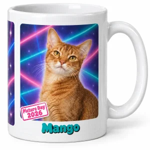 Close-up of the 90s Laser Background Cat Photo Mug print showing the cat's fur detail and the glossy ceramic