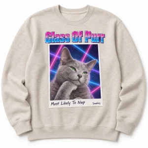Funny cat photo sweatshirt – 90s Laser Portrait Cat Photo Sweatshirt with a Russian Blue and the text "Class Of Purr", "Most Likely To Nap", "Smokey", product photo on a white background