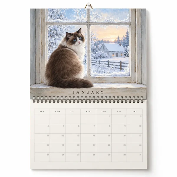Custom cat calendar – A Year at the Window Cat Mom Calendar with a blue-eyed seal bicolor Ragdoll and the text "Cover: A Year at the Window with Luna", "Cat Mom 2027 (month names on the sills)", product photo on a white background