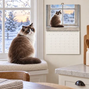 A Year at the Window Cat Mom Calendar styled in a lifestyle scene – a cozy kitchen nook wall next to a real window with a cushioned sill, afternoon light
