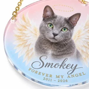 Close-up of the Angel Wings Cat Portrait Suncatcher print showing the cat's fur detail and memorial suncatcher