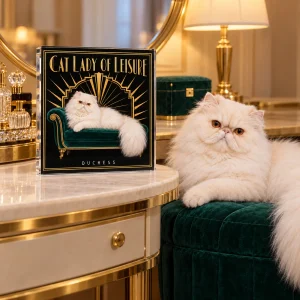 Art Deco Cat Lady of Leisure Acrylic Plaque styled in a lifestyle scene – a glamorous vanity table with a round mirror, a perfume tray and a velvet jewelry box, soft golden evening light
