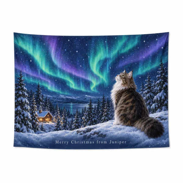 Aurora Cabin Christmas Cat Tapestry with a brown tabby-and-white Norwegian Forest Cat and the text "Merry Christmas from Juniper", product photo on a white background