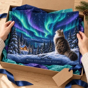 Hands unwrapping the Aurora Cabin Christmas Cat Tapestry from a kraft gift box
