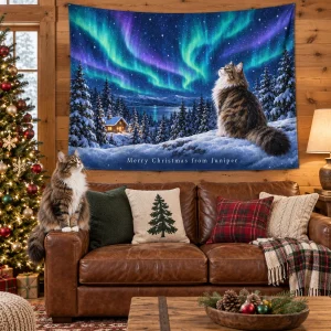 Aurora Cabin Christmas Cat Tapestry styled in a lifestyle scene – a cozy cabin-style living room with a knit throw over a leather sofa and a decorated tree (shatterproof ornaments, no tinsel), evening lamp light