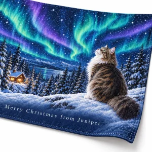 Close-up of the Aurora Cabin Christmas Cat Tapestry print showing the cat's fur detail and wall tapestry