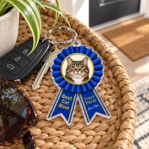 Best Cat Mom Prize Ribbon Keychain styled in a lifestyle scene – the keychain on a ring with car keys lies on a woven entry tray beside sunglasses and a small spider plant, bright morning light by the front door