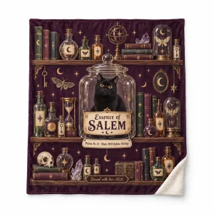 Cat halloween blanket – Black Cat Apothecary Halloween Blanket with a sleek black Bombay cat and the text "Essence of SALEM", "Potion No. 13 · Shake Well Before Petting", "Brewed with love 2026", product photo on a white background