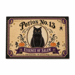 Halloween cat doormat – Black Cat Apothecary Halloween Doormat with a sleek black Bombay cat and the text "Potion No. 13", "Essence of Salem", "Enter if you dare – the cat is in charge", product photo on a white background
