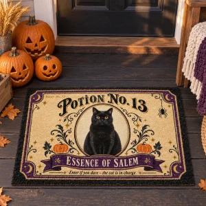 Black Cat Apothecary Halloween Doormat styled in a lifestyle scene – the doormat on a dark wooden front porch at golden hour with three carved (unlit) pumpkins and a cozy knit throw on a bench nearby
