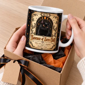 Hands unwrapping the Black Cat Apothecary Halloween Mug from a kraft gift box