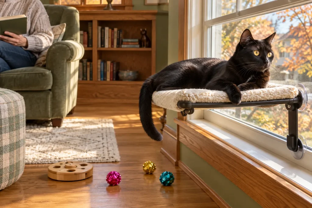 Black cat lounging on a sunny window perch, with bright pink, gold and teal toys on the floor