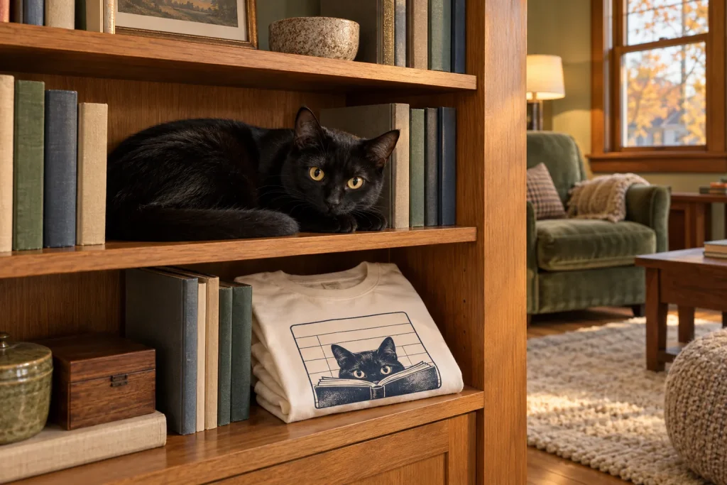 Black cat lounging on a bookcase shelf above a folded cat book club T-shirt