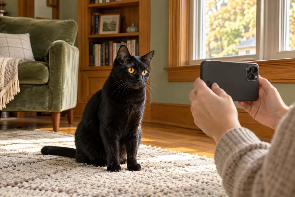Hands holding a phone to photograph a black cat sitting on a cream rug in soft daylight
