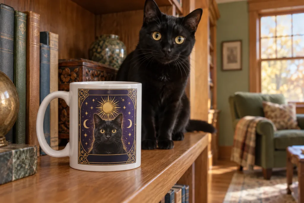 Black cat sitting on a bookshelf beside a celestial tarot card mug printed with its portrait