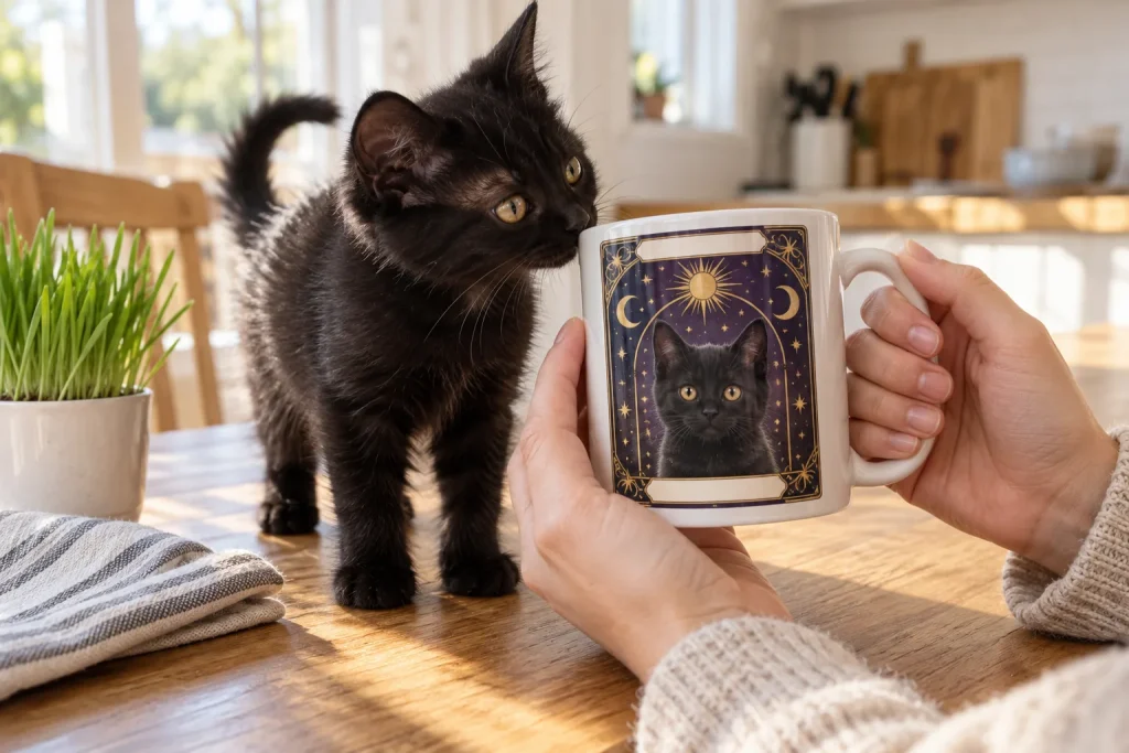 Black kitten sniffing a celestial tarot card mug with its own portrait, held in two hands