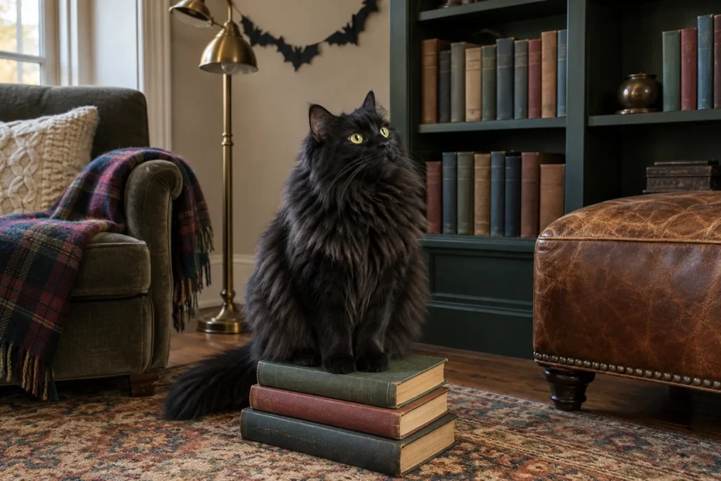 Fluffy black long-haired cat sitting on a stack of old books under a paper bat garland