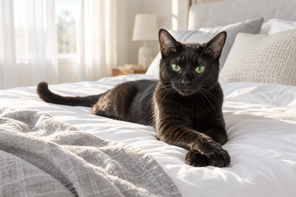 Slender black shorthair cat with green eyes lounging on white bedding in soft morning sun