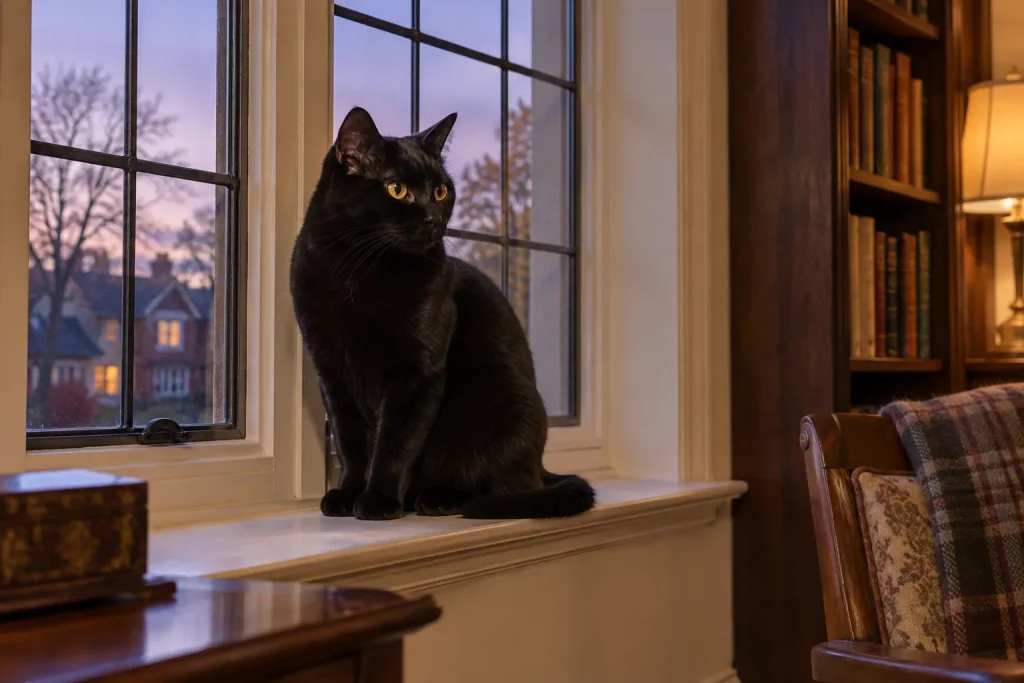Black cat with amber eyes sitting on a windowsill at dusk in a cozy, book-lined room