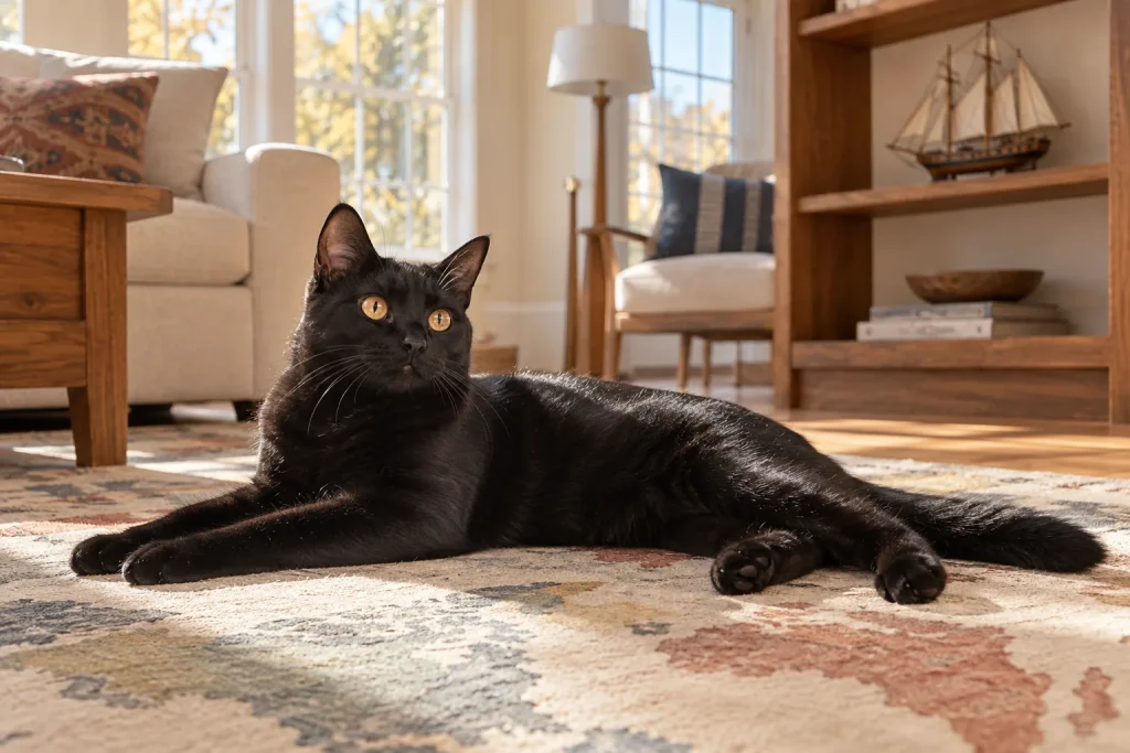 Black cat stretched out on a sunlit rug with a faded map pattern, a model sailing ship behind