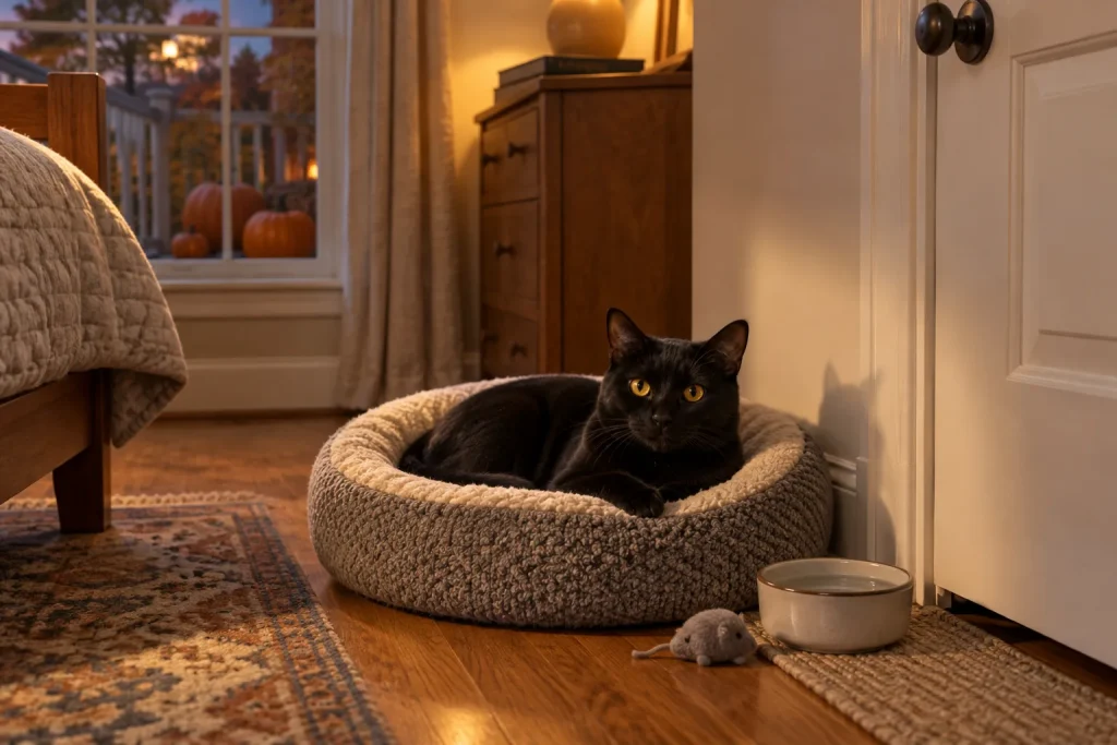 Black cat resting in a cozy bed in a quiet bedroom on Halloween night, pumpkins outside the window