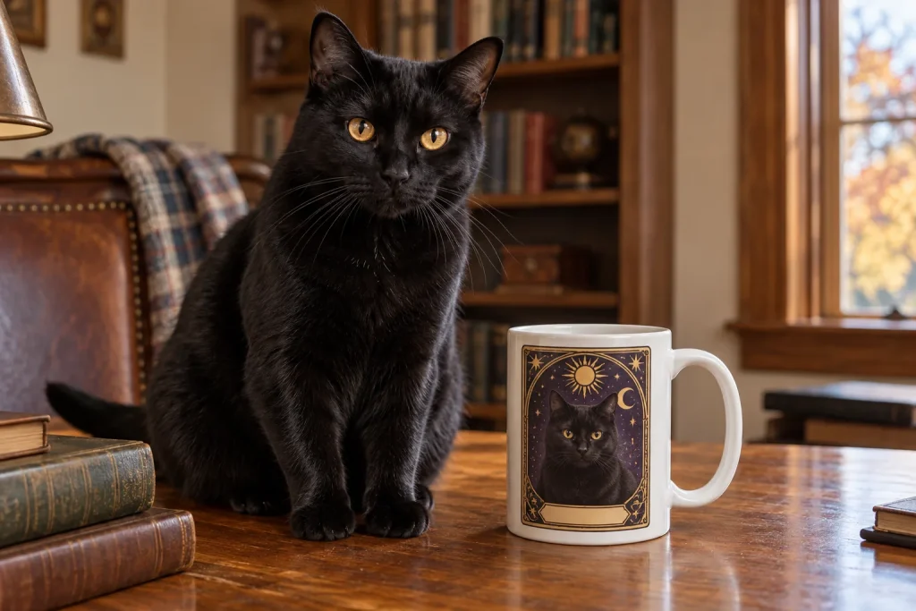 Black cat sitting beside a white mug printed with a celestial tarot card design featuring a black cat