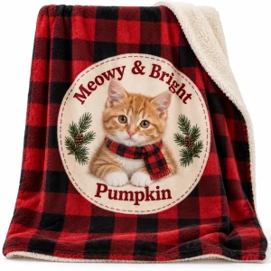 Buffalo Plaid Christmas Cat Blanket with an orange tabby kitten (5 months) and the text "Meowy & Bright", "Pumpkin", product photo on a white background