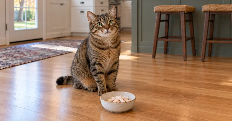 Tabby cat sitting by its own bowl of plain turkey on a kitchen floor, pumpkins on the counter behind