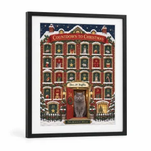Personalized christmas cat print – Cat Advent Calendar Christmas Print with a British Shorthair and the text "Countdown to Christmas", "Door 24: Waffles", "The Bennett House", product photo on a white background