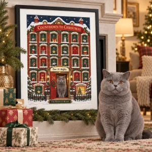 Cat Advent Calendar Christmas Print styled in a lifestyle scene – the framed print leaning on a fireplace mantel with fresh fir branches and a few wrapped gifts below, warm evening lamp light (no candles)