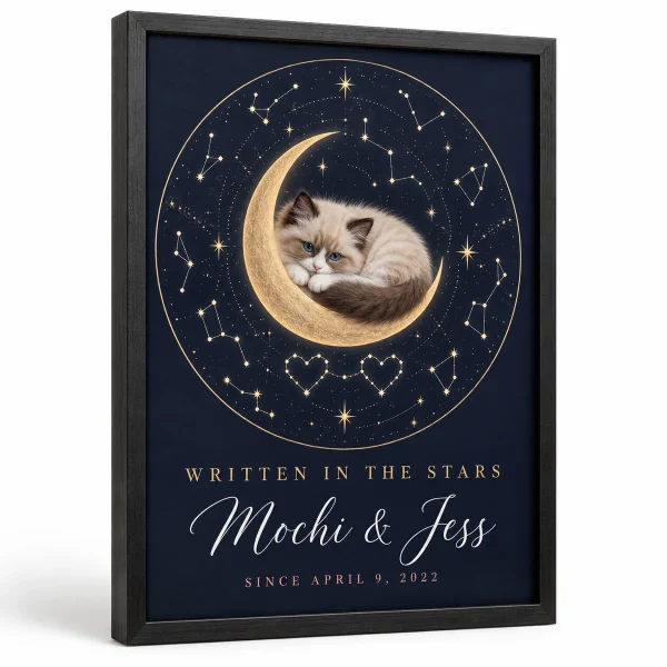 Personalized cat wall art – Cat and You Constellation Love Print with a cream-and-white Ragdoll kitten and the text "Written in the Stars", "Mochi & Jess", "Since April 9, 2022", product photo on a white background