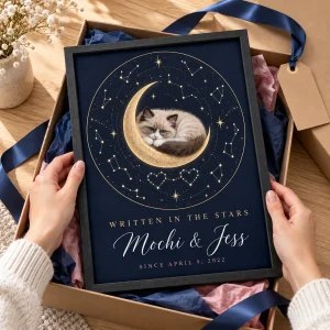 Hands unwrapping the Cat and You Constellation Love Print from a kraft gift box