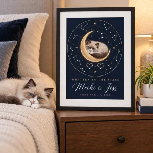Cat and You Constellation Love Print styled in a lifestyle scene – the framed print on a bedroom nightstand next to a ceramic lamp and a stack of books, soft evening glow