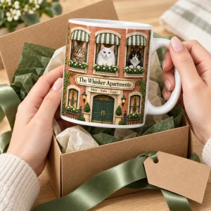 Hands unwrapping the Cat Apartment Multi-Cat Mug from a kraft gift box