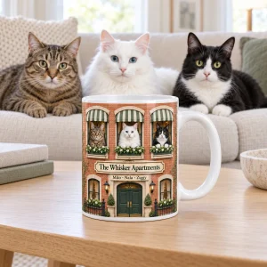 Cat Apartment Multi-Cat Mug styled in a lifestyle scene – a sunny living-room coffee table with books and a ceramic bowl