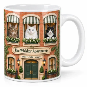 Close-up of the Cat Apartment Multi-Cat Mug print showing the cat's fur detail and the glossy ceramic