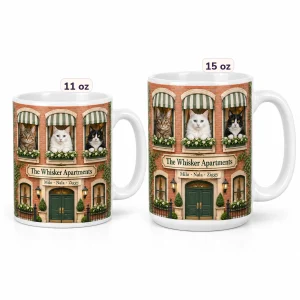 The Cat Apartment Multi-Cat Mug in 11 oz and 15 oz sizes side by side