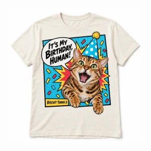 Cat birthday shirt – Cat Birthday Comic Panel T-Shirt with a Bengal and the text "It's My Birthday, Human!", "Biscuit Turns 5", product photo on a white background
