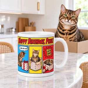 Cat Birthday Comic Strip Mug styled in a lifestyle scene – a playful birthday morning on a kitchen island with a paper party garland and a small wrapped gift, bright daylight
