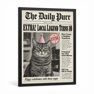 Cat birthday print – Cat Birthday Newspaper Front Page Print with a senior brown mackerel tabby and the text "The Daily Purr", "EXTRA! Local Legend Turns 10", "Ziggy celebrates with three naps", product photo on a white background
