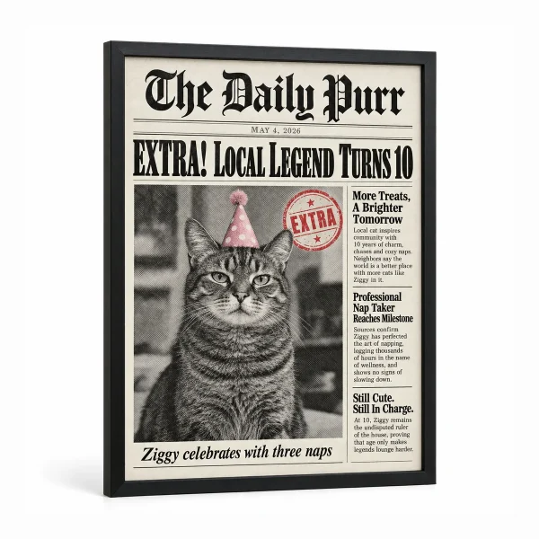 Cat birthday print – Cat Birthday Newspaper Front Page Print with a senior brown mackerel tabby and the text "The Daily Purr", "EXTRA! Local Legend Turns 10", "Ziggy celebrates with three naps", product photo on a white background