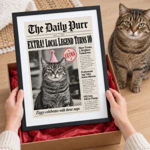Hands unwrapping the Cat Birthday Newspaper Front Page Print from a kraft gift box