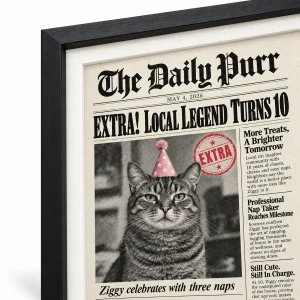Close-up of the Cat Birthday Newspaper Front Page Print print showing the cat's fur detail and framed print