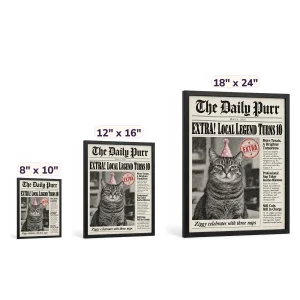 The Cat Birthday Newspaper Front Page Print in 8" x 10" and 12" x 16" and 18" x 24" sizes side by side