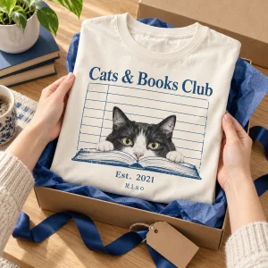 Hands unwrapping the Cat Book Club Shirt from a kraft gift box