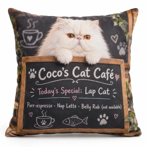 Cat cafe pillow – Cat Cafe Menu Pillow with a glamorous white Persian and the text "Coco's Cat Café", "Today's Special: Lap Cat", "Purr-espresso · Nap Latte · Belly Rub (not available)", product photo on a white background