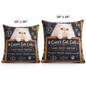 The Cat Cafe Menu Pillow in 16" x 16" and 18" x 18" sizes side by side