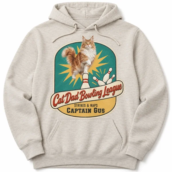 Custom cat dad hoodie – Cat Dad Bowling League Hoodie with a big orange-and-white Maine Coon and the text "Cat Dad Bowling League", "Strikes & Naps", "Captain Gus", product photo on a white background