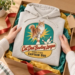 Hands unwrapping the Cat Dad Bowling League Hoodie from a kraft gift box